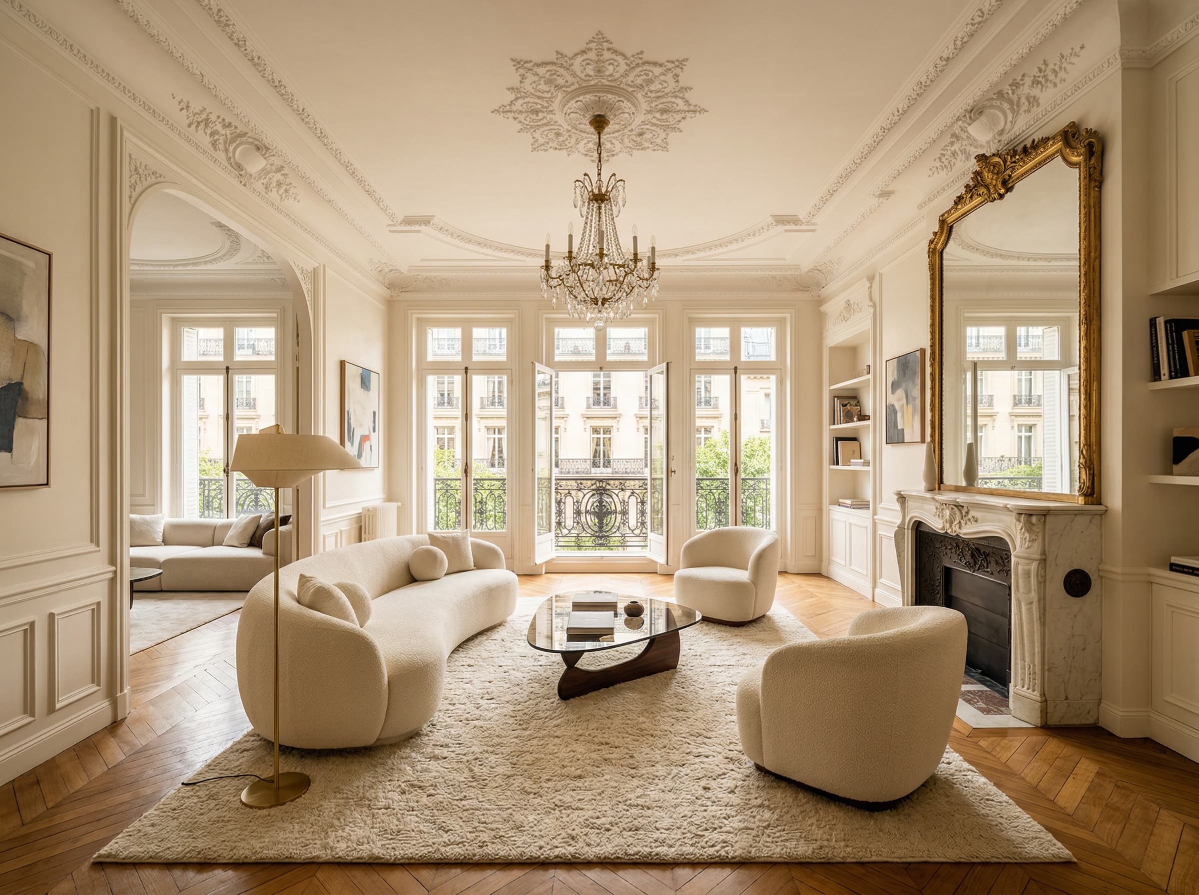 Salon haussmannien avec moulures et cheminée